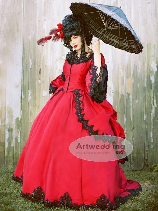 Red Gothic Wedding Dress with Parasol