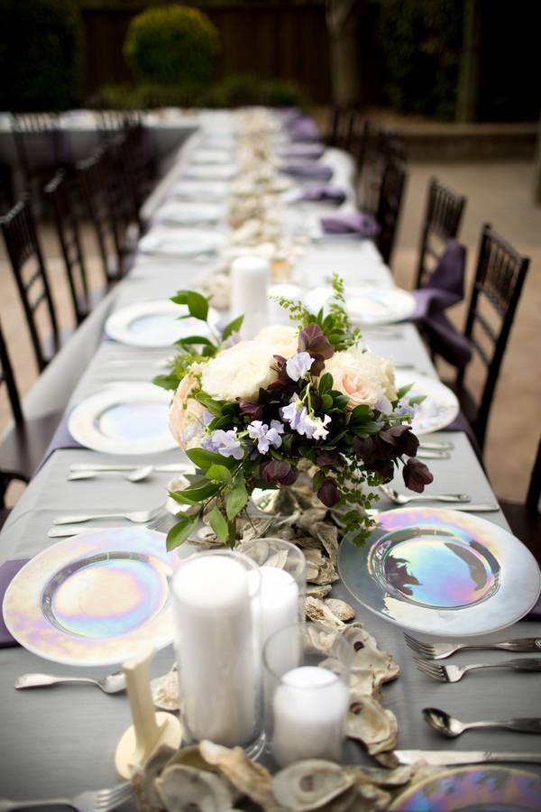 Oyster Shell and Purple Hues for Rustic Romance