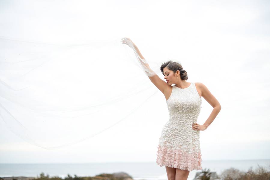 Beautiful Blushing Bride by the Winter Seaside