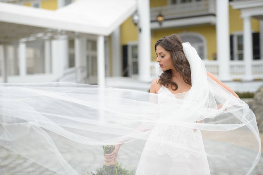 Beautiful Blushing Bride by the Winter Seaside